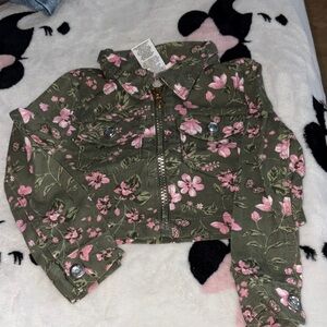 Little Lass Floral Jean Jacket - Olive and Pink